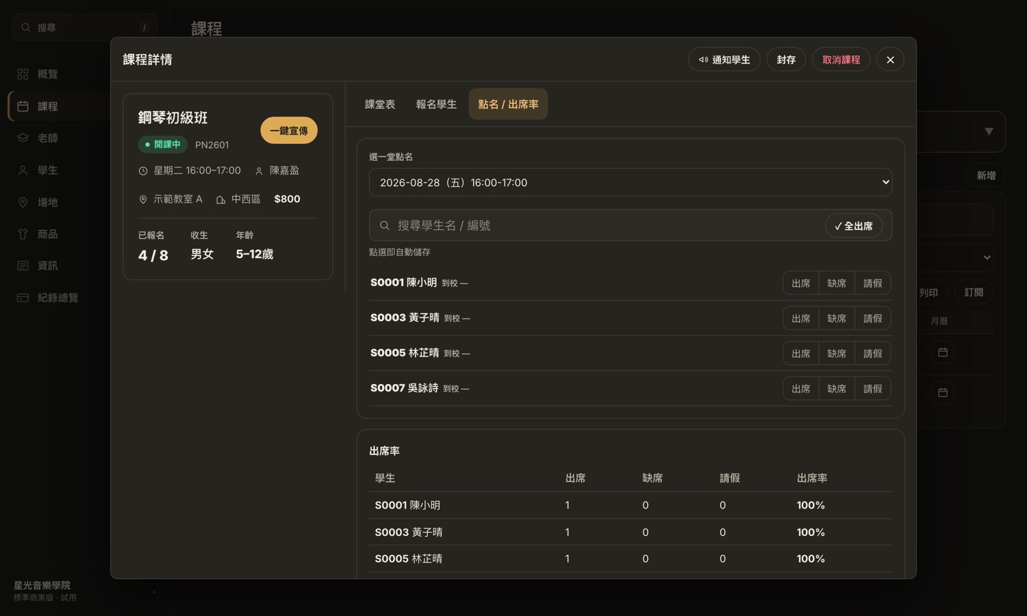 機構後台的課程詳情畫面：左邊是班別資料，右邊逐個學生按出席、缺席、請假，下方自動計算出席率